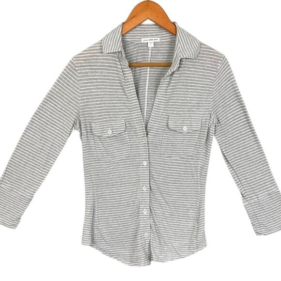 James Perse Women's Spread Collar Button Up Shirt Jersey Knit Gray White Size S - Picture 1 of 9